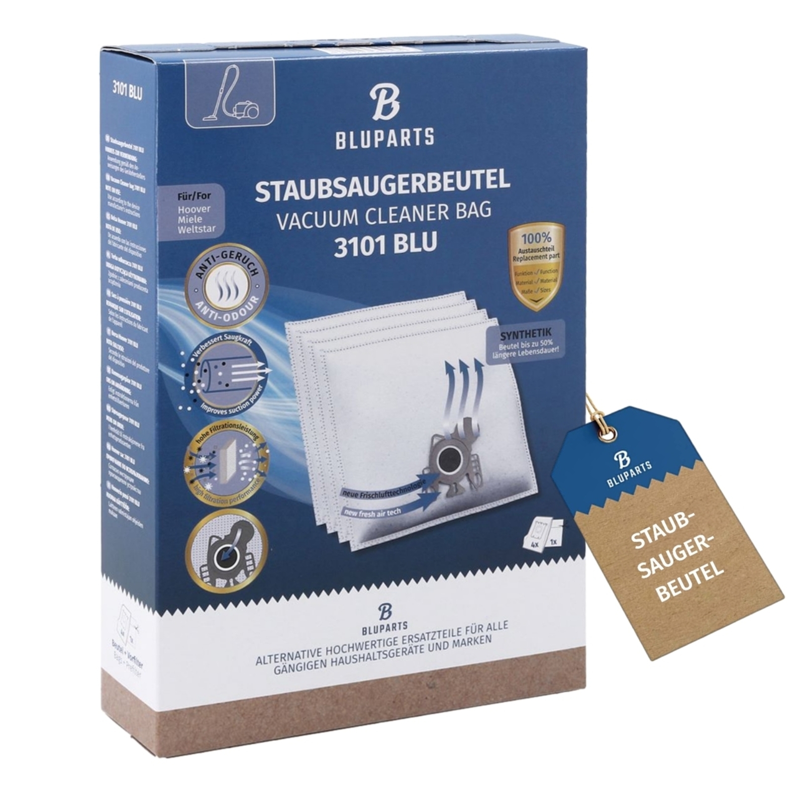 Filterbeutel passend für Miele TypG/N TypH BLUPARTS für Bodenstaubsauger 4Stk + Vorfilter